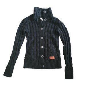 Khujo Women's Black Chunky Knit Button-Up Cardigan Sweater sz Small 100% Cotton